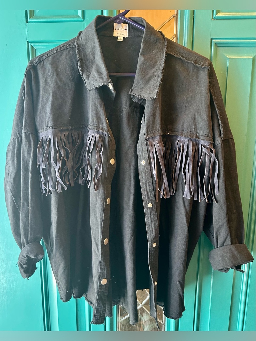 Ellison Black Denim Fringe Shacket Jacket Western Boho Distressed Size M